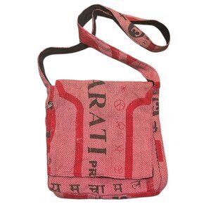 Handmade Red Burlap Crossbody Bag 11x11 Two Pockets‎ Flat Boho Sling Tote Hippie